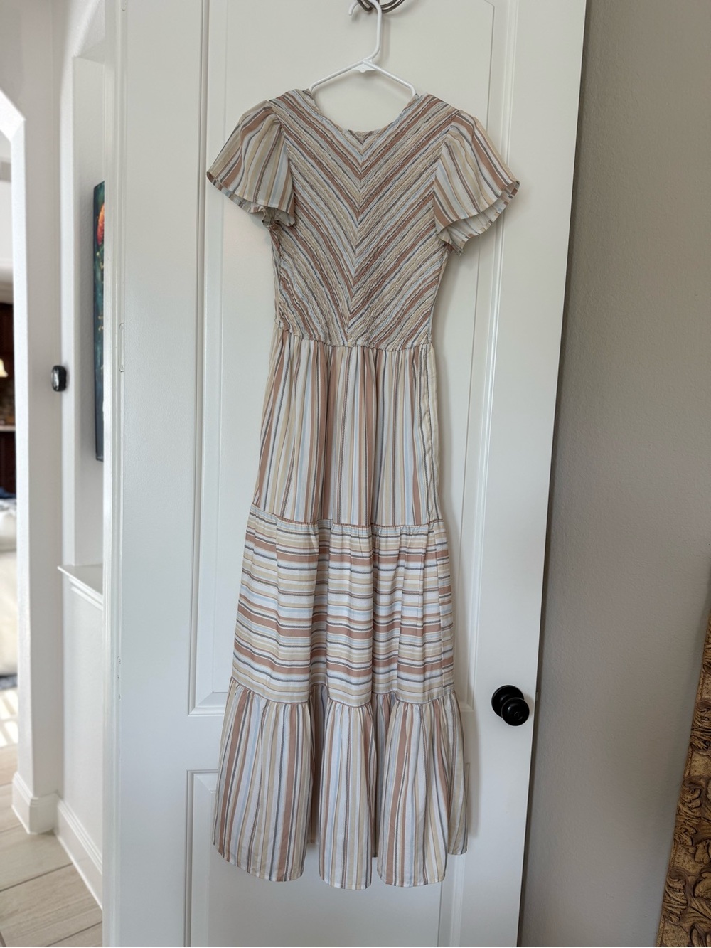 bohme Striped Flutter-Sleeve Maxi Dress in Beige and Cream